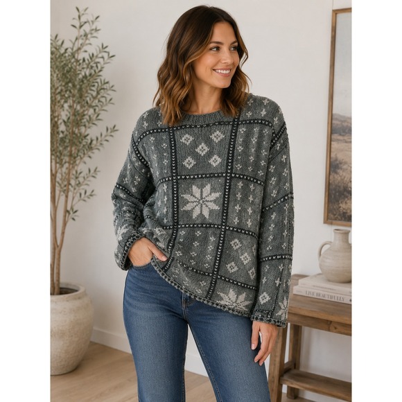 Crazy Horse Sweaters - Crazy Horse Liz Claiborne Gray Fair Isle Snowflake Knit Sweater Womens S 1217